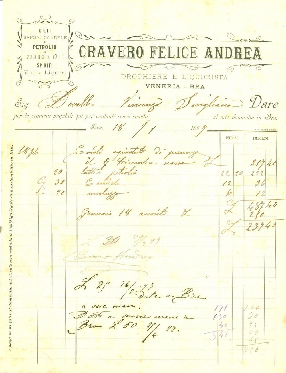 Documento originale, autentico 1897 BRA CN Conto Felice Andrea CRAVERO droghiere liquorista Fattura 1