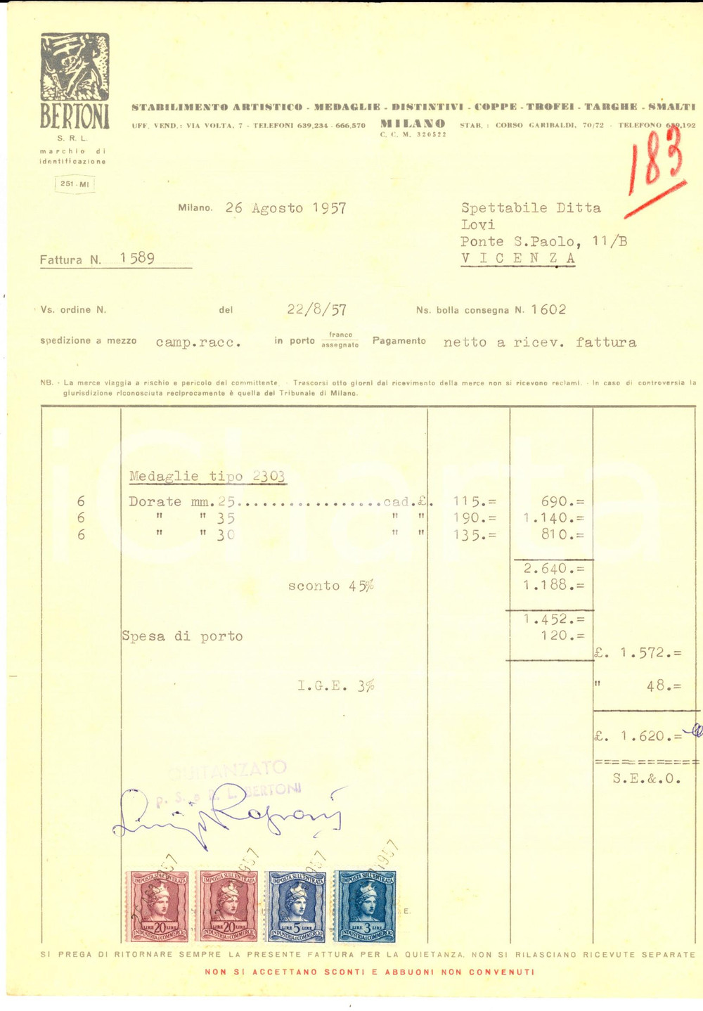 Documento originale, autentico 1957 MILANO  Stabilimento artistico BERTONI medaglie  Fattura con bolli 1