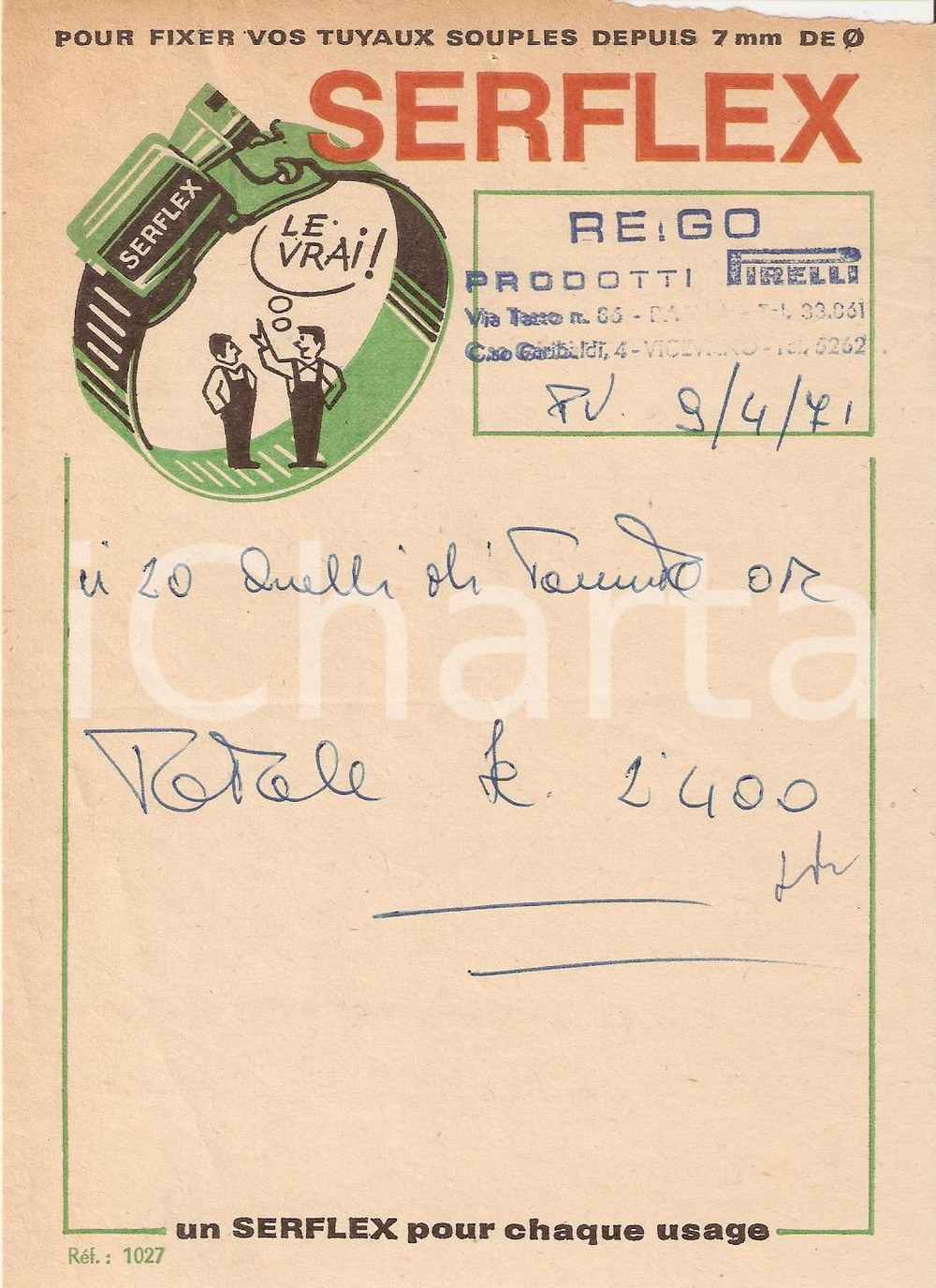 Materiale pubblicitario d’epoca 1971 PAVIA Ditta REGO Morsetti SERFLEX Colliers de serrage *Ricevuta 13x20 (1) 1