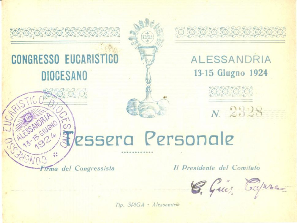 Oggetto da collezione cartaceo 1924 ALESSANDRIA Congresso Eucaristico Diocesano Tessera personale con timbro 3 1