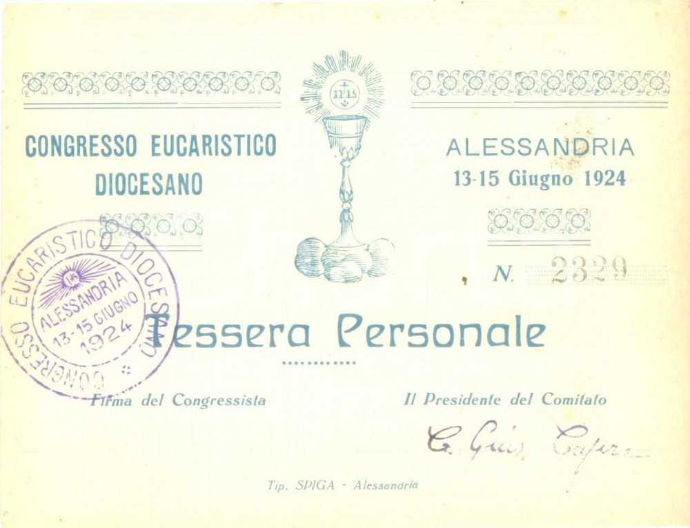 Oggetto da collezione cartaceo 1924 ALESSANDRIA Congresso Eucaristico Diocesano Tessera personale con timbro 1 1