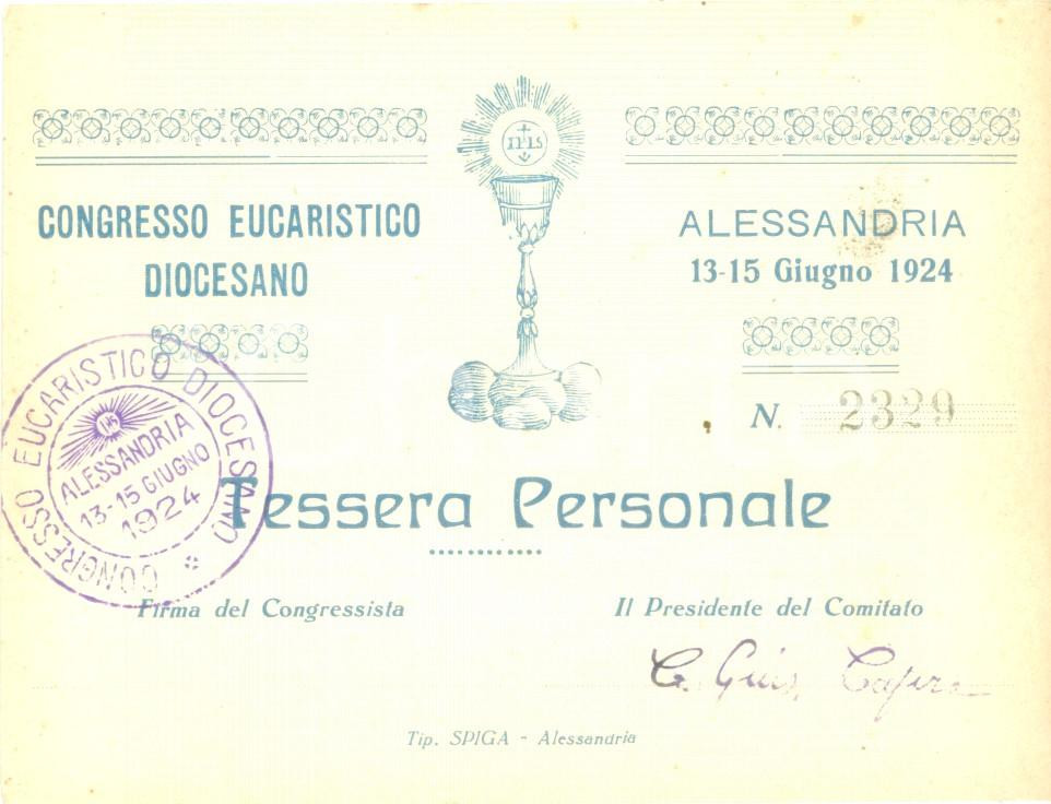 Oggetto da collezione cartaceo 1924 ALESSANDRIA Congresso Eucaristico Diocesano Tessera personale con timbro 1 1
