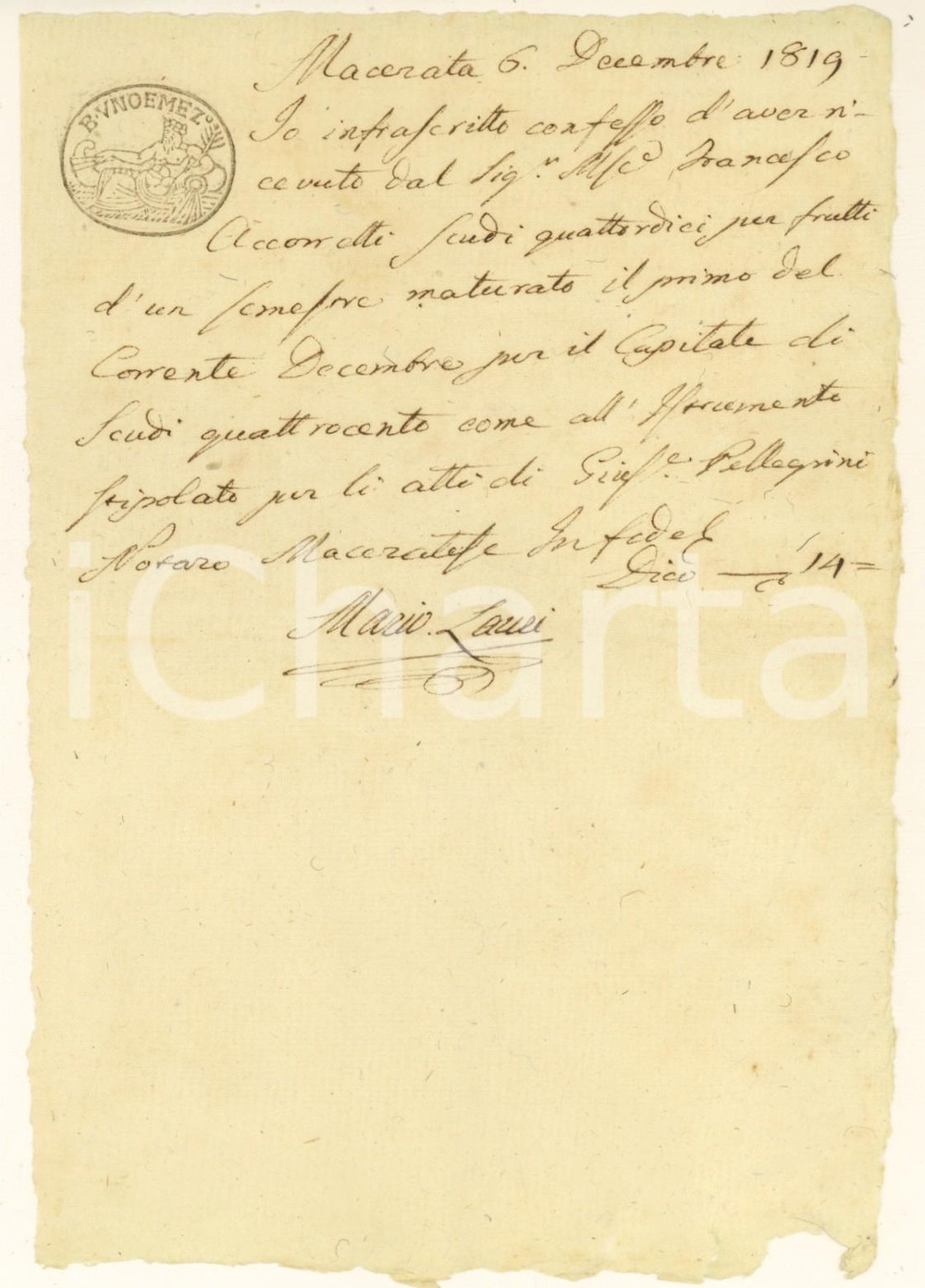 Documento originale, autentico 1819 MACERATA Mario LAURI riceve credito da Francesco ACCORRETTI 1
