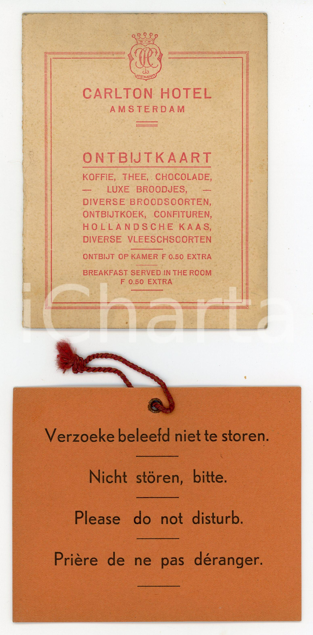 Libro, pubblicazione d epoca 1940 ca AMSTERDAM  CARLTON HOTEL Breakfast menu  Dot not disturb sign 1