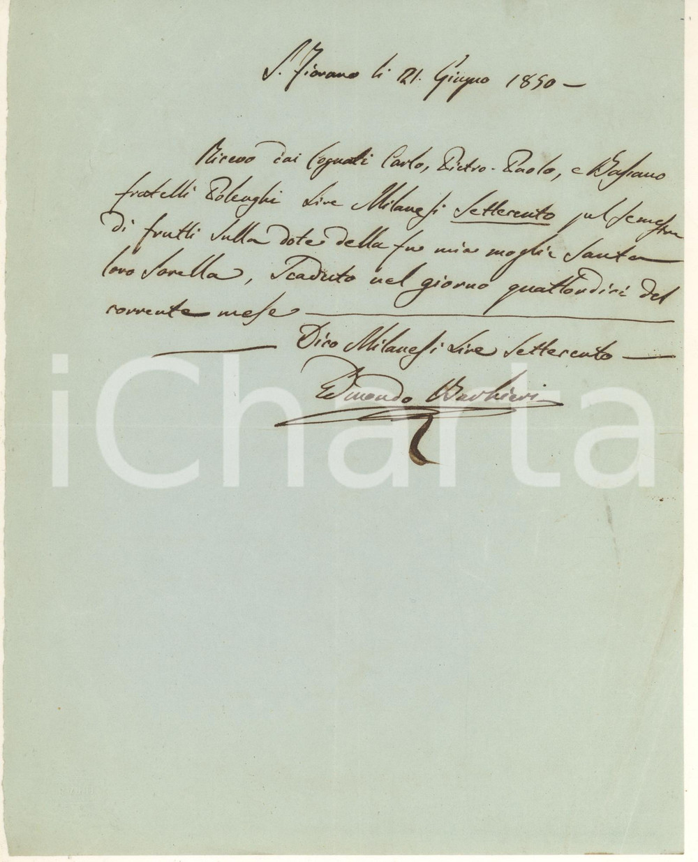 1850 SAN FIORANO Lettera Edmondo BARBIERI su dote Santa POLENGHI Lettera prefilatelica, manoscritta, originale d'epoca, relativa al saldo dei frutti sulla dote della defunta Santa Polenghi (appartenente alla nota famiglia di imprenditori di San Fiorano).PAGINE: 1  FAIR/discreto piegature d'epoca FORMATO: 20x25 cm originale e autentica 1