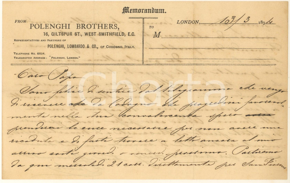Autografo originale 1894 LONDON  POLENGHI Brothers  Lettera Paolo POLENGHI al padre Autografo 1