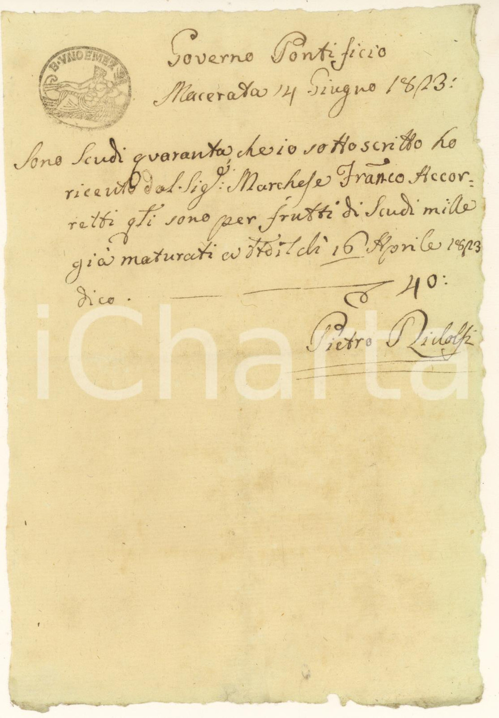 Documento originale, autentico 1823 MACERATA Ricevuta Pietro RIDOLFI al marchese Francesco ACCORRETTI 1