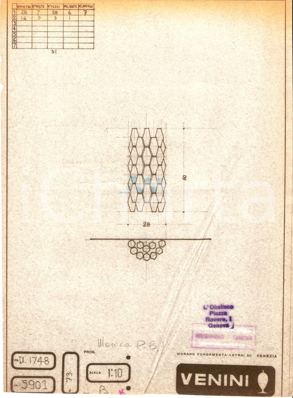 Materiale pubblicitario d’epoca 1960 ca MURANO VENEZIA Vetrai VENINI Disegno lampada *Copia eliografica 1