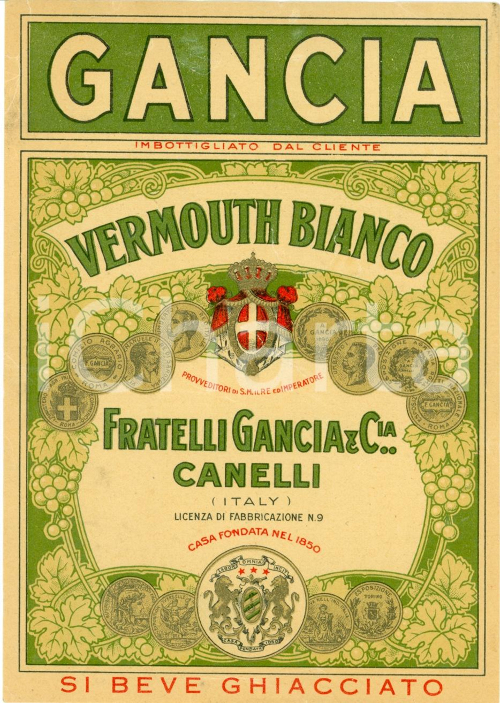 Materiale pubblicitario d’epoca 1940 ca CANELLI AT Fratelli GANCIA Etichetta VERMOUTH bianco 2 1