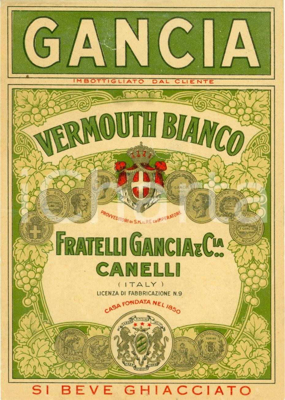 Materiale pubblicitario d’epoca 1940 ca CANELLI AT Fratelli GANCIA Etichetta VERMOUTH bianco 1 1