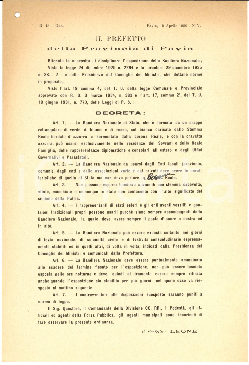 Documento originale, autentico 1936 PAVIA Caratteri ufficiali della Bandiera Nazionale  Decreto 2 1