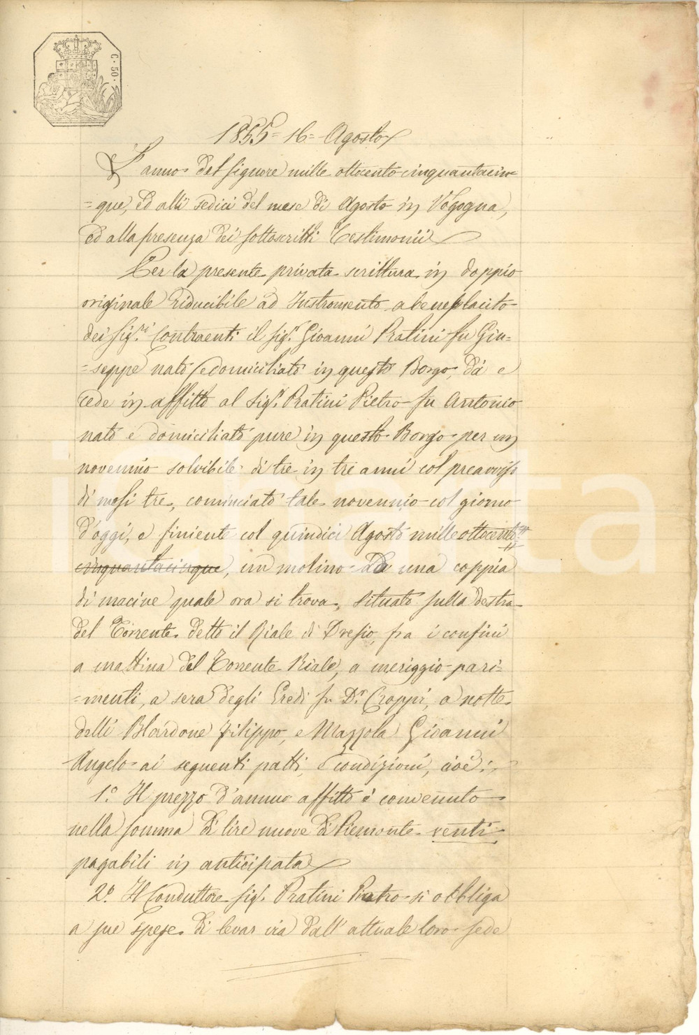 1855 VOGOGNA (VCO) Contratto per affitto di mulino tra Giovanni e Pietro PRATINI Contratto manoscritto, originale d'epoca, per l'affitto di un mulino situato presso il torrente detto Riale di Dresio.PAGINE: 4 (1 bianca)  FAIR/discreto piegature d'epoca FORMATO: 22x30 cm originale e autentica 1