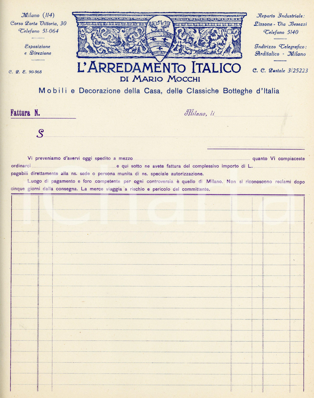 Documento originale, autentico 1935 ca LISSONE Arredamento italico Mario MOCCHI Mobili Fattura non compilata 1 1