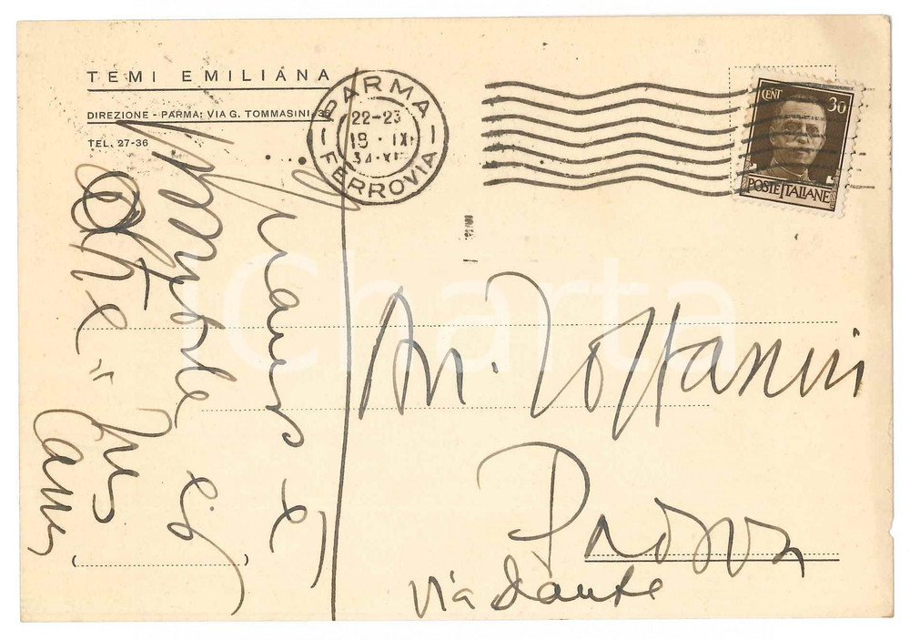 Autografo originale 1934 PARMA Aurelio CANDIAN  Cartolina inviata a un collega  Autografo 1