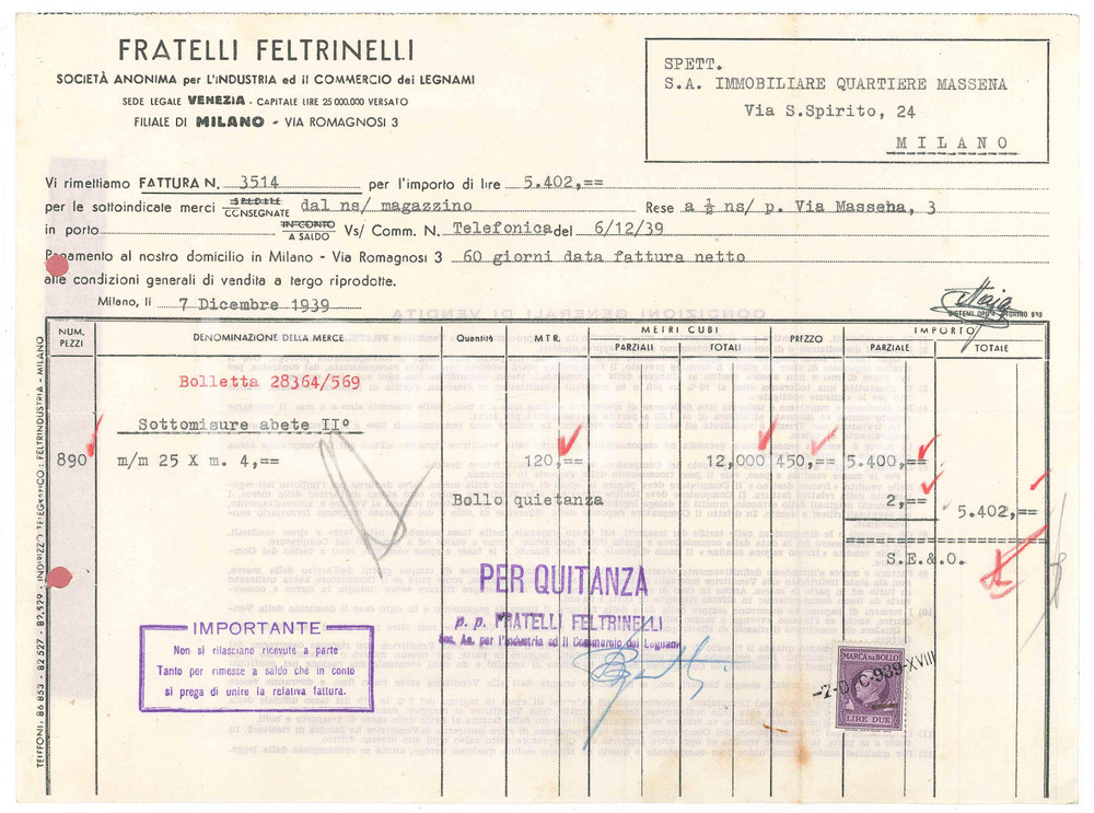 Documento originale, autentico 1939 MILANO Via Romagnosi  Fratelli FELTRINELLI Commercio legnami  Fattura 1