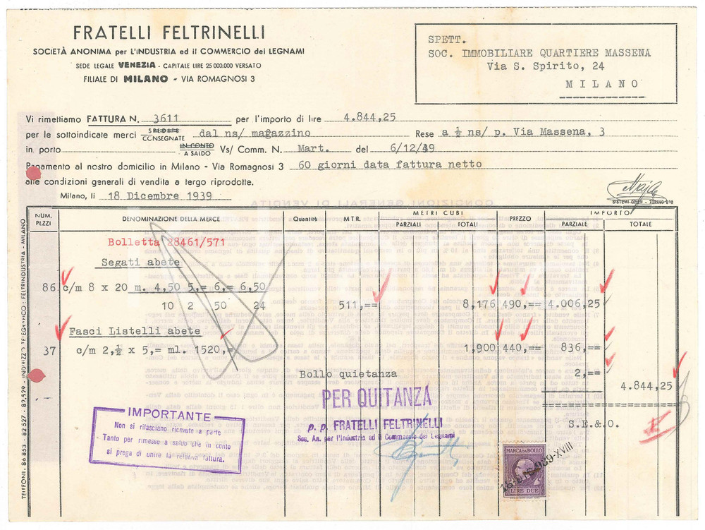Documento originale, autentico 1939 MILANO Via Romagnosi  Fratelli FELTRINELLI Commercio legnami Fattura 1