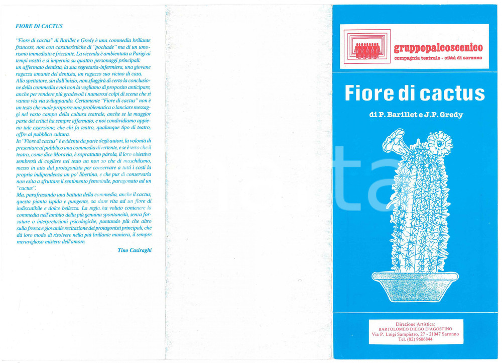 Materiale pubblicitario d’epoca 1988 SARONNO TEATRO  GRUPPO PALCOSCENICO Fiore di Cactus Pieghevole 1