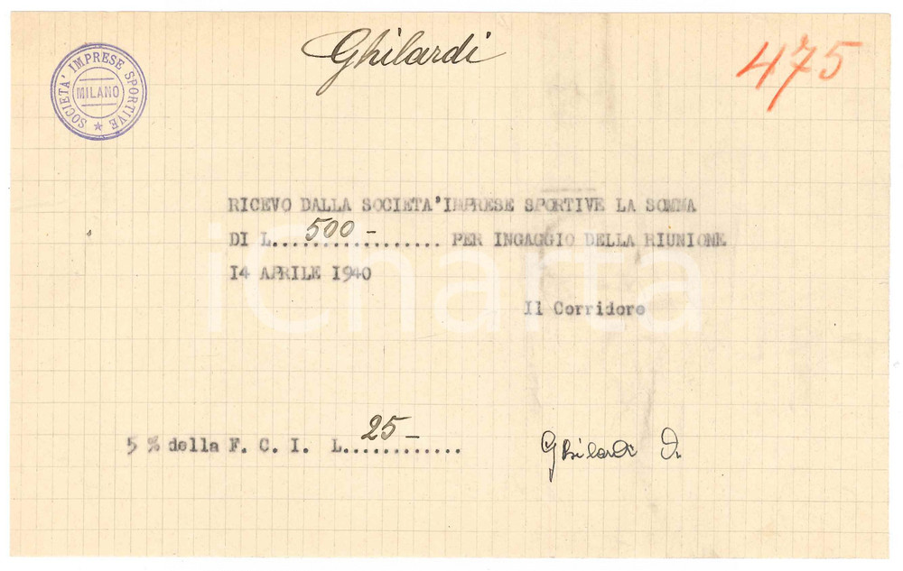 Autografo originale 1940 CICLISMO MILANO Ricevuta Alberto GHILARDI  Ingaggio Vigorelli AUTOGRAFO 1