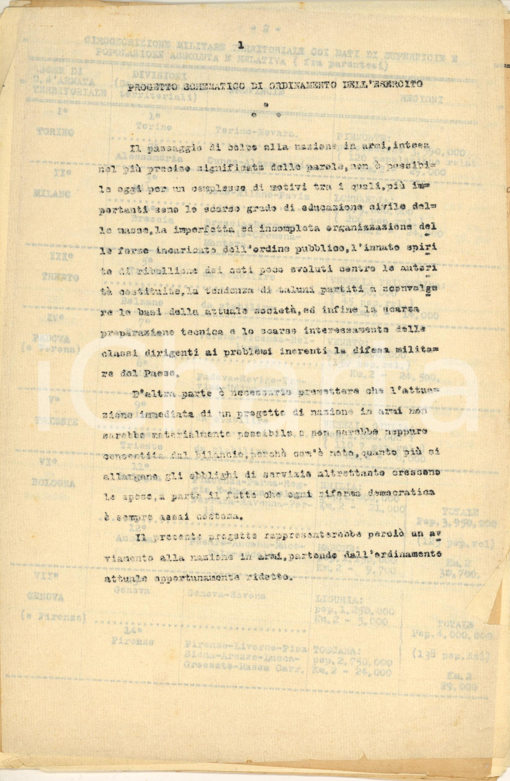 1920 ca ITALIA Progetto schematico di ordinamento dell'esercito *Documento RARO Interessante e importante documento dattiloscritto, originale d'epoca, in forma di minuta, redatto con ogni probabilità da un generale o da un alto ufficiale del Regio Esercito, non meglio identificato.Il documento affronta il tema della riorganizzazione dell'esercito e presenta un progetto schematico di riordinamento, con le circoscrizioni militari territoriali. PAGINE: 26 POOR/danneggiato piegature d'epoca; fioriture e piccoli strappi marginali; gualciture FORMATO: 20x33 cm originale e autentica 1