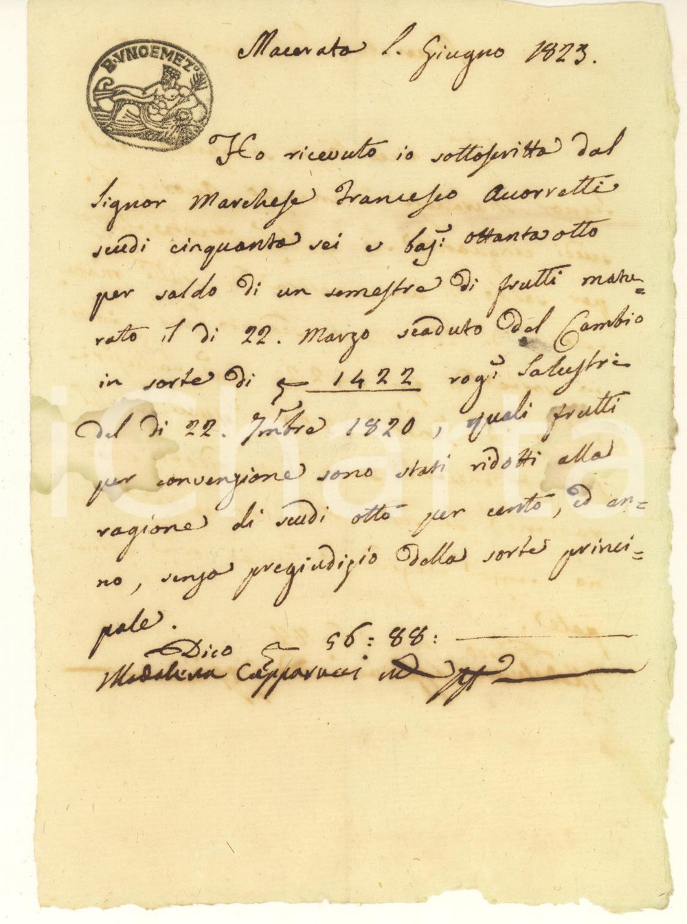Documento originale, autentico 1823 MACERATA Maddalena CAPPARUCCI riceve saldo da marchese Francesco ACCORRETTI 1