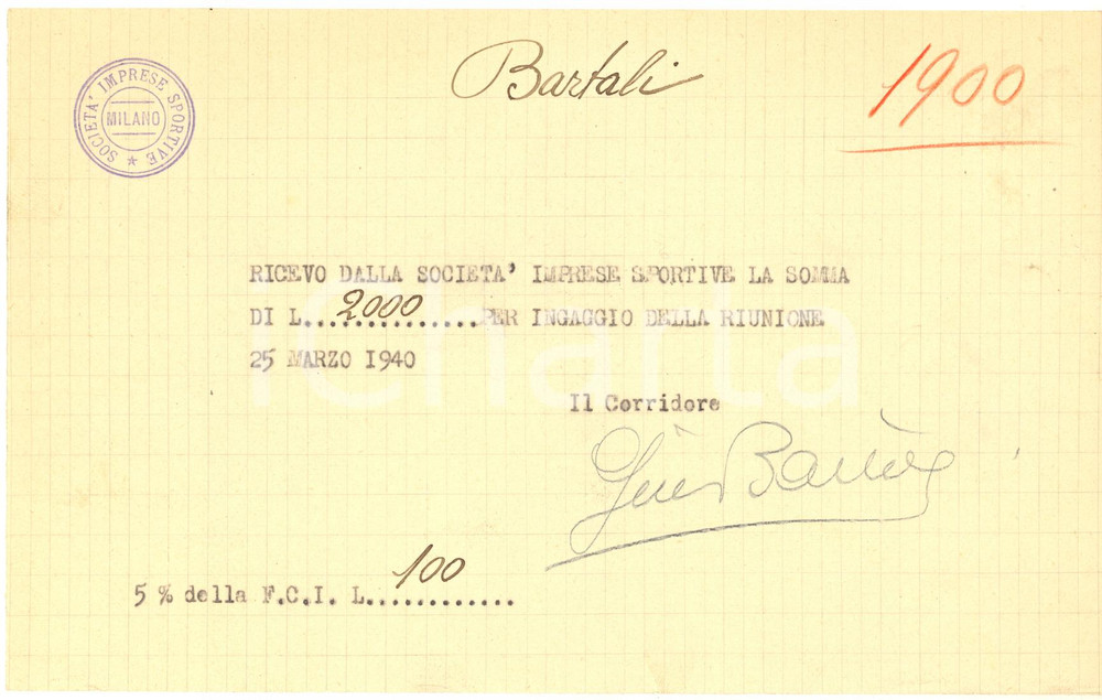 Autografo originale 1940 CICLISMO Milano Vigorelli  Ricevuta Gino BARTALI per una corsa  AUTOGRAFO 1