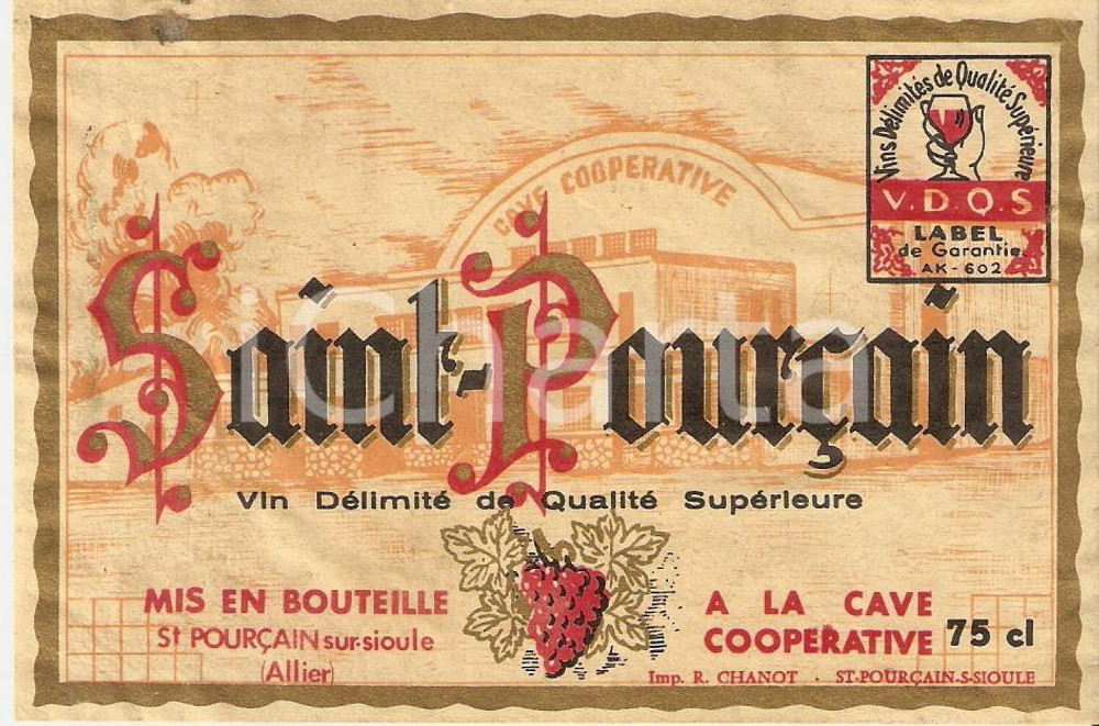 Materiale pubblicitario d’epoca 1975 ca ST. POURCAINSURSIOULE Cave Cooperative Vin Saint Pourcain Etichetta 1