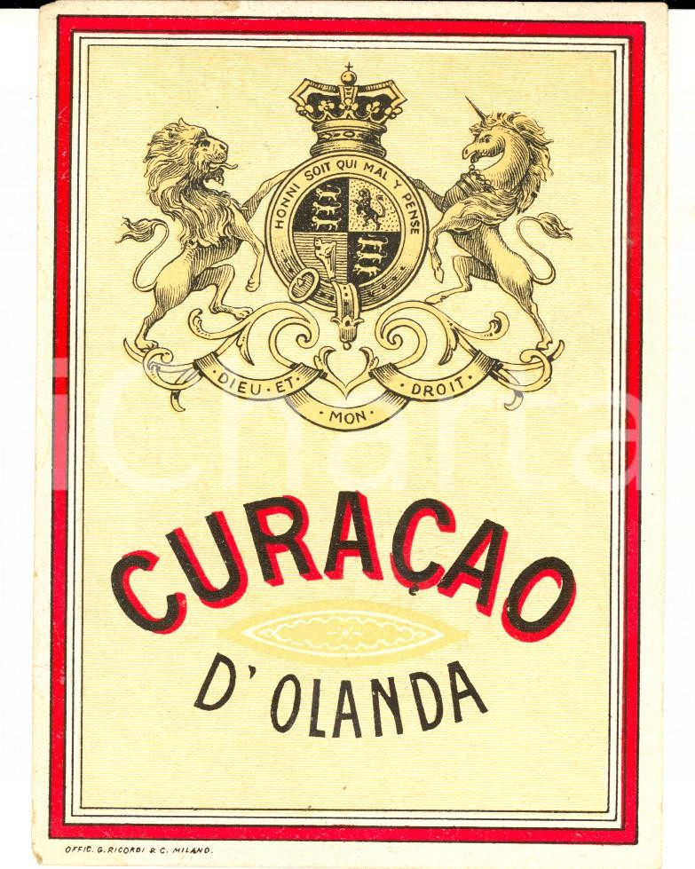 Materiale pubblicitario d’epoca 1950 ca Liquore CURACAO D OLANDA Etichetta pubblicitaria  9x13 cm 2 1