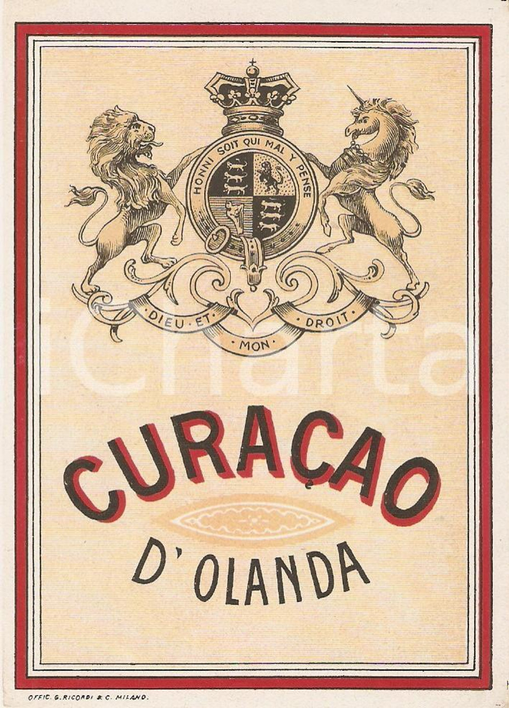Materiale pubblicitario d’epoca 1950 ca Liquore CURACAO D OLANDA Etichetta pubblicitaria 9x13 cm 3 1
