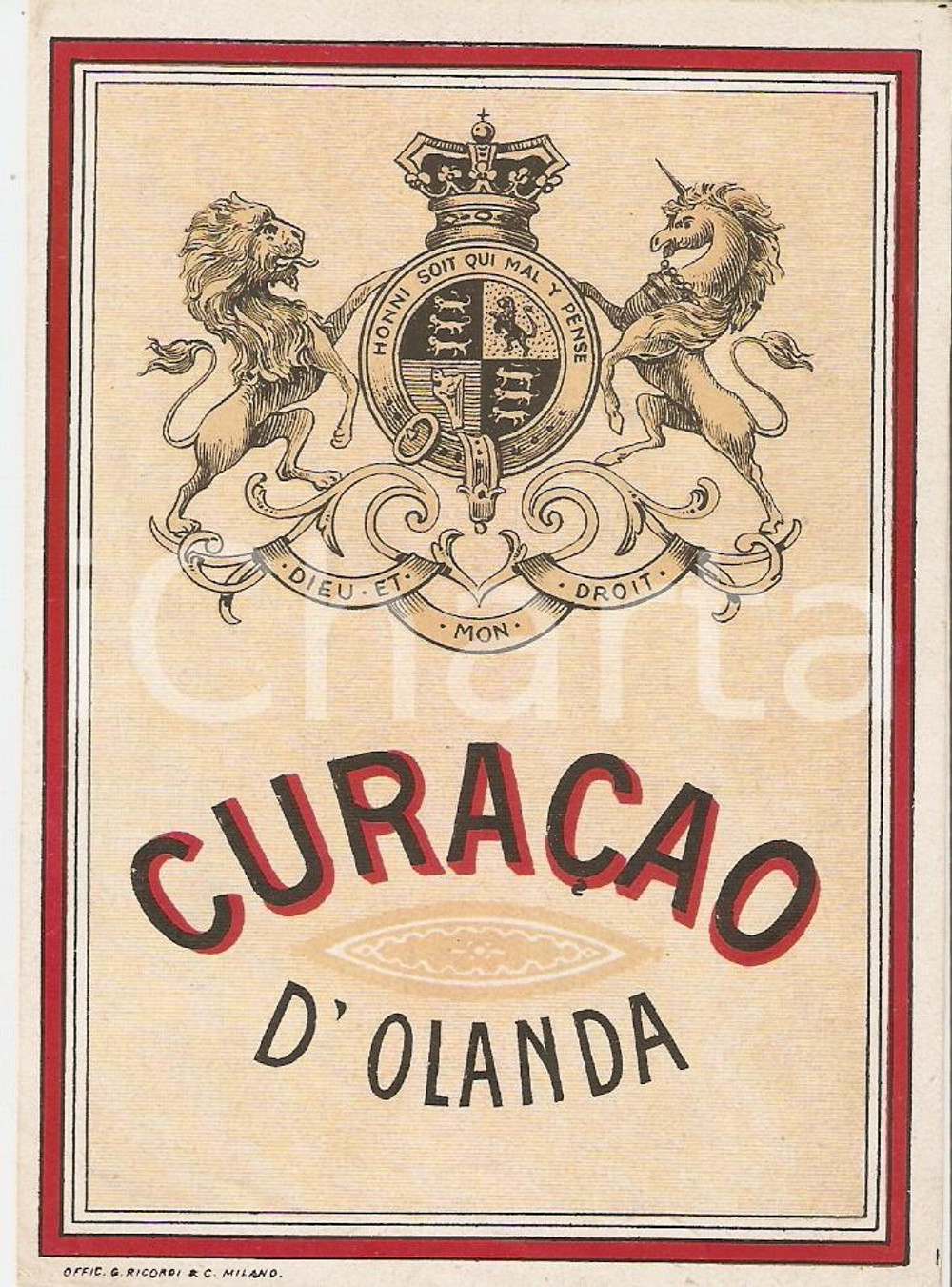 Materiale pubblicitario d’epoca 1950 ca Liquore CURACAO D OLANDA Etichetta pubblicitaria 9x13 cm 4 1