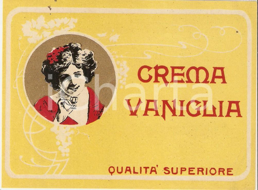 Materiale pubblicitario d’epoca 1920 ca Liquore CREMA VANIGLIA Qualità superiore  Etichetta 13x9 cm 2 1