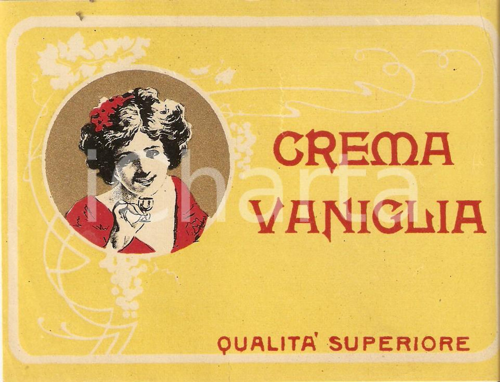 Materiale pubblicitario d’epoca 1920 ca Liquore CREMA VANIGLIA Qualità superiore  Etichetta 13x9 cm 5 1