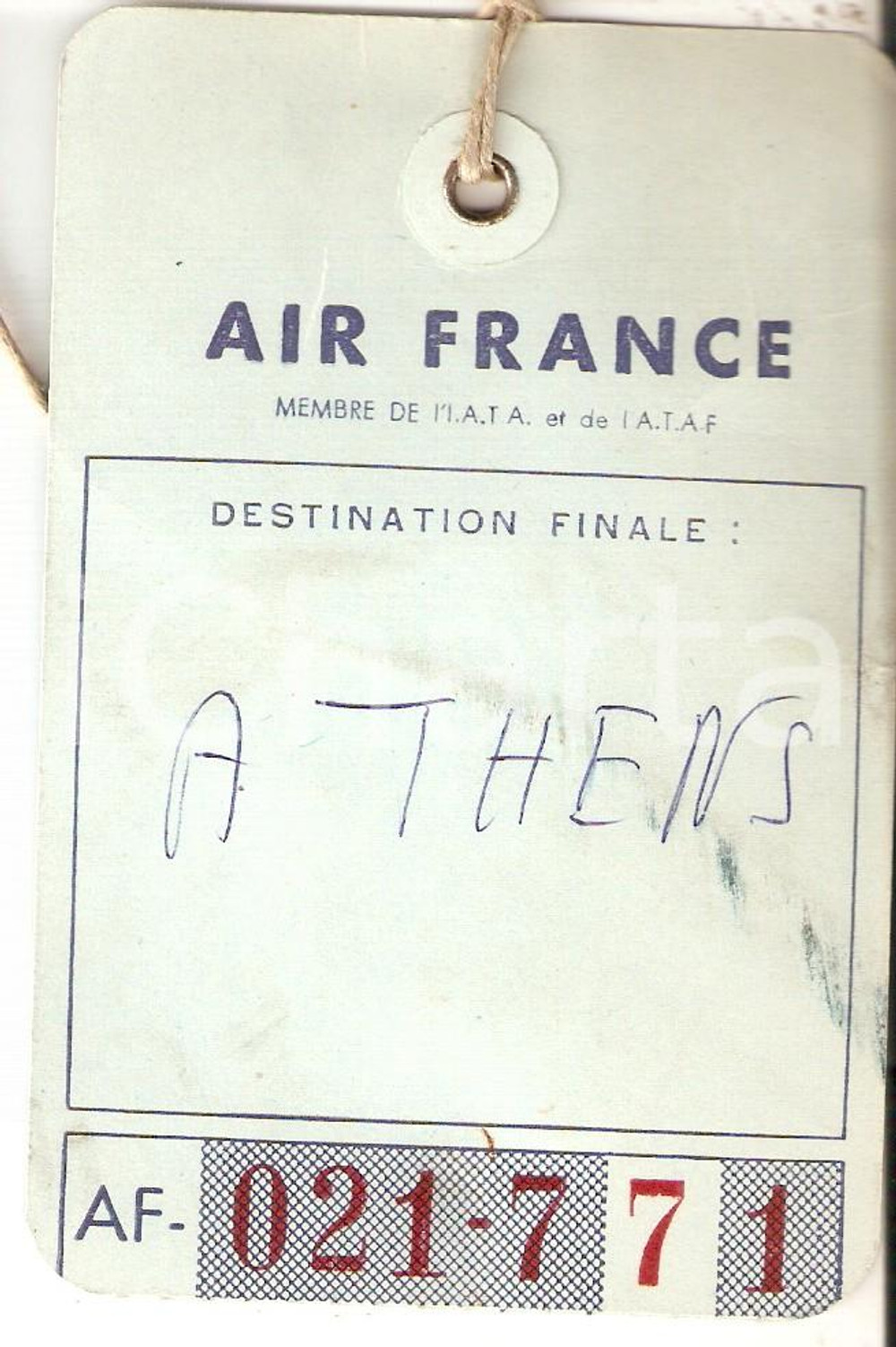 Materiale pubblicitario d’epoca 1970 ca AIR FRANCE Etichetta bagagli ATHENS VINTAGE 8x12cm 3 1