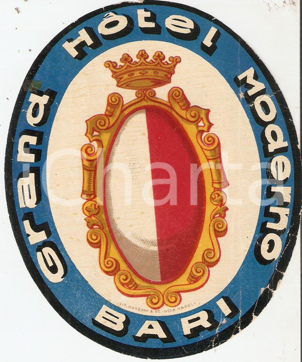 Materiale pubblicitario d’epoca 1950 ca BARI Grand Hotel MODERNO Etichetta 10x13 cm 4 1
