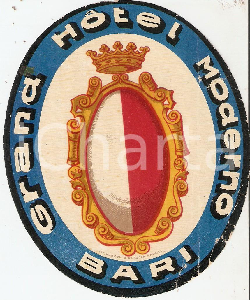 Materiale pubblicitario d’epoca 1950 ca BARI Grand Hotel MODERNO Etichetta 10x13 cm 4 1