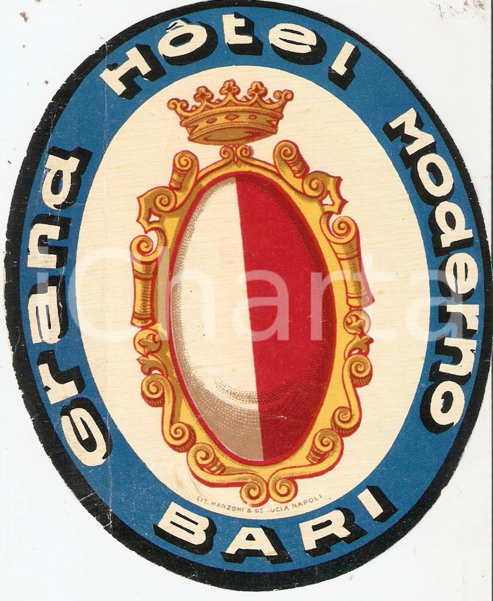 Materiale pubblicitario d’epoca 1950 ca BARI Grand Hotel MODERNO Etichetta 10x13 cm 5 1