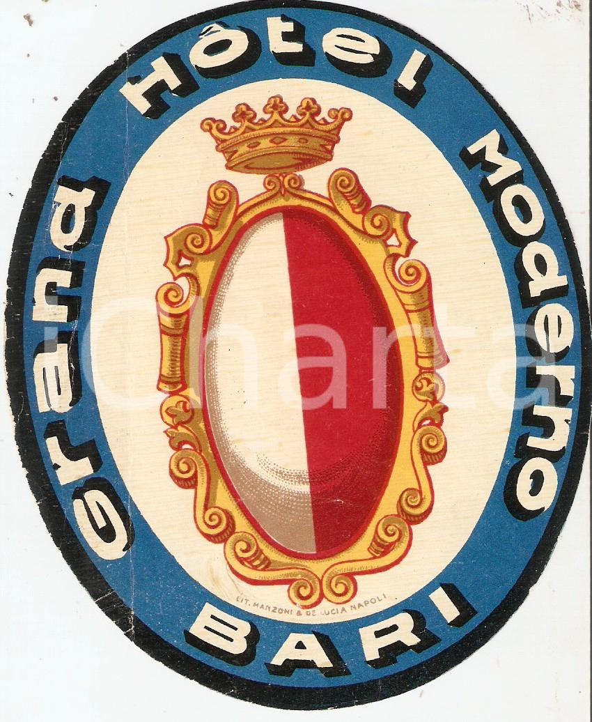 Materiale pubblicitario d’epoca 1950 ca BARI Grand Hotel MODERNO Etichetta 10x13 cm 5 1