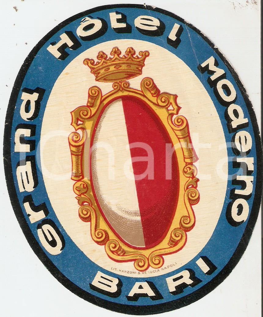 Materiale pubblicitario d’epoca 1950 ca BARI Grand Hotel MODERNO Etichetta 10x13 cm 3 1