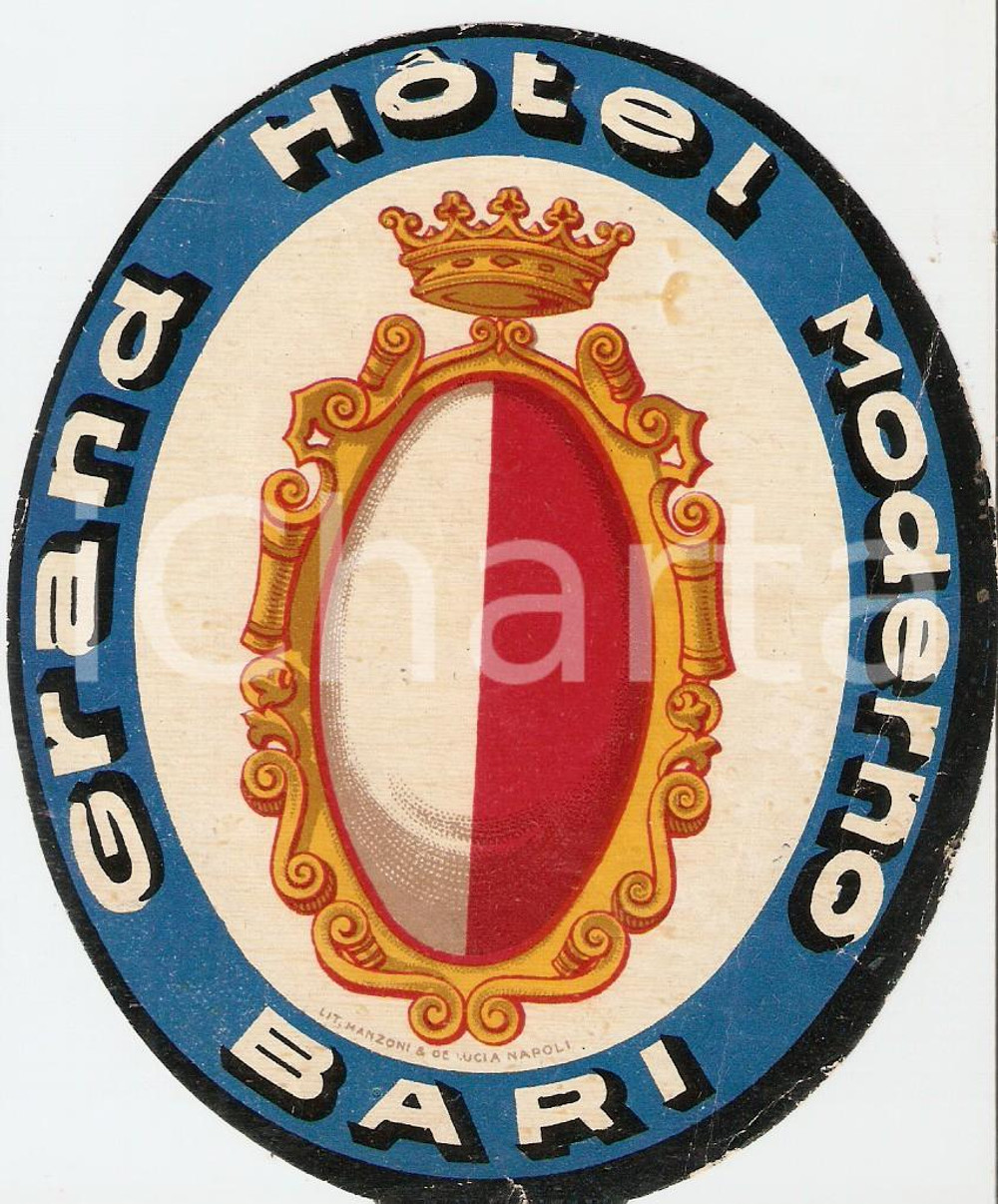 Materiale pubblicitario d’epoca 1950 ca BARI Grand Hotel MODERNO Etichetta 10x13 cm 2 1