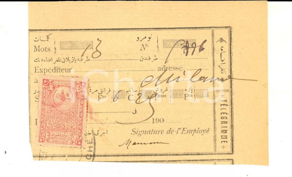 Manoscritto, lettera originale 1909 STORIA POSTALE ISTANBUL PERA Ricevuta telegramma per Milano Bollo 5 1