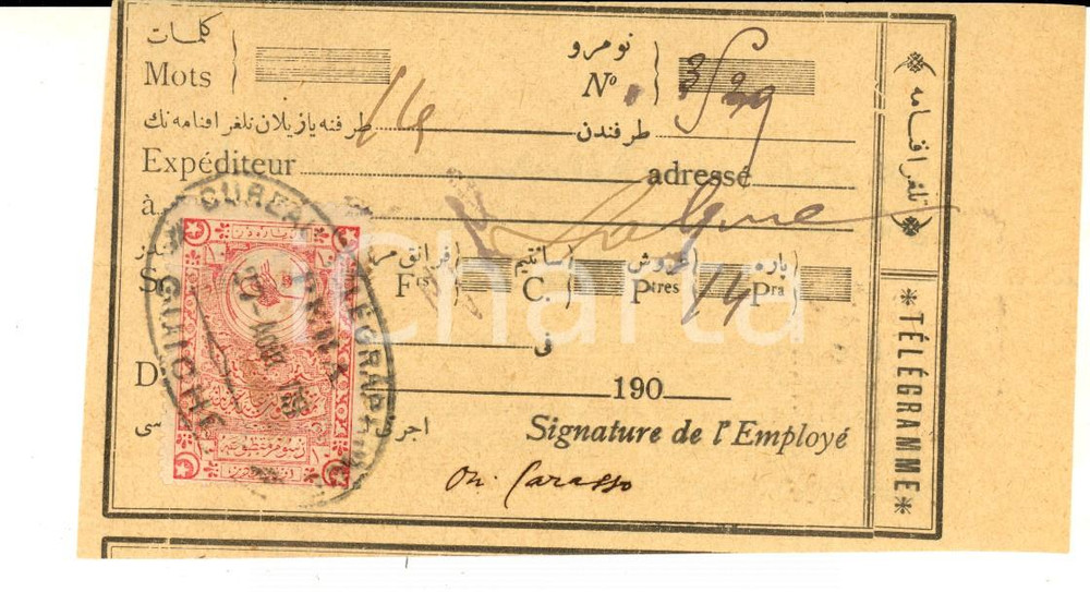 Manoscritto, lettera originale 1909 STORIA POSTALE ISTANBUL PERA Ricevuta telegramma per Milano Bollo 2 1