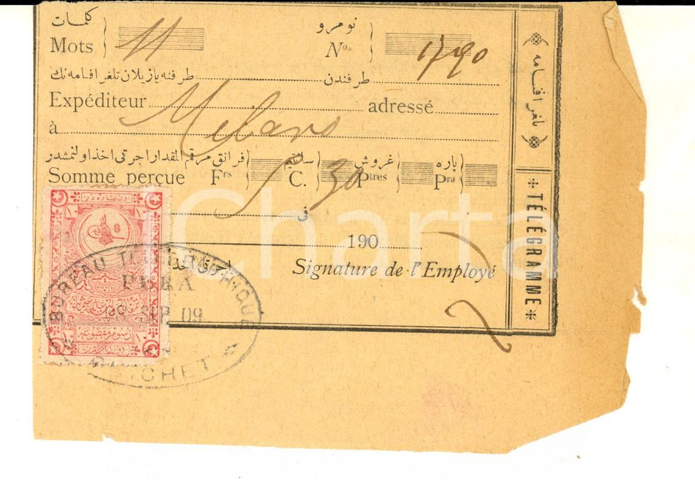 Manoscritto, lettera originale 1909 STORIA POSTALE ISTANBUL PERA Ricevuta telegramma per Milano Bollo 3 1