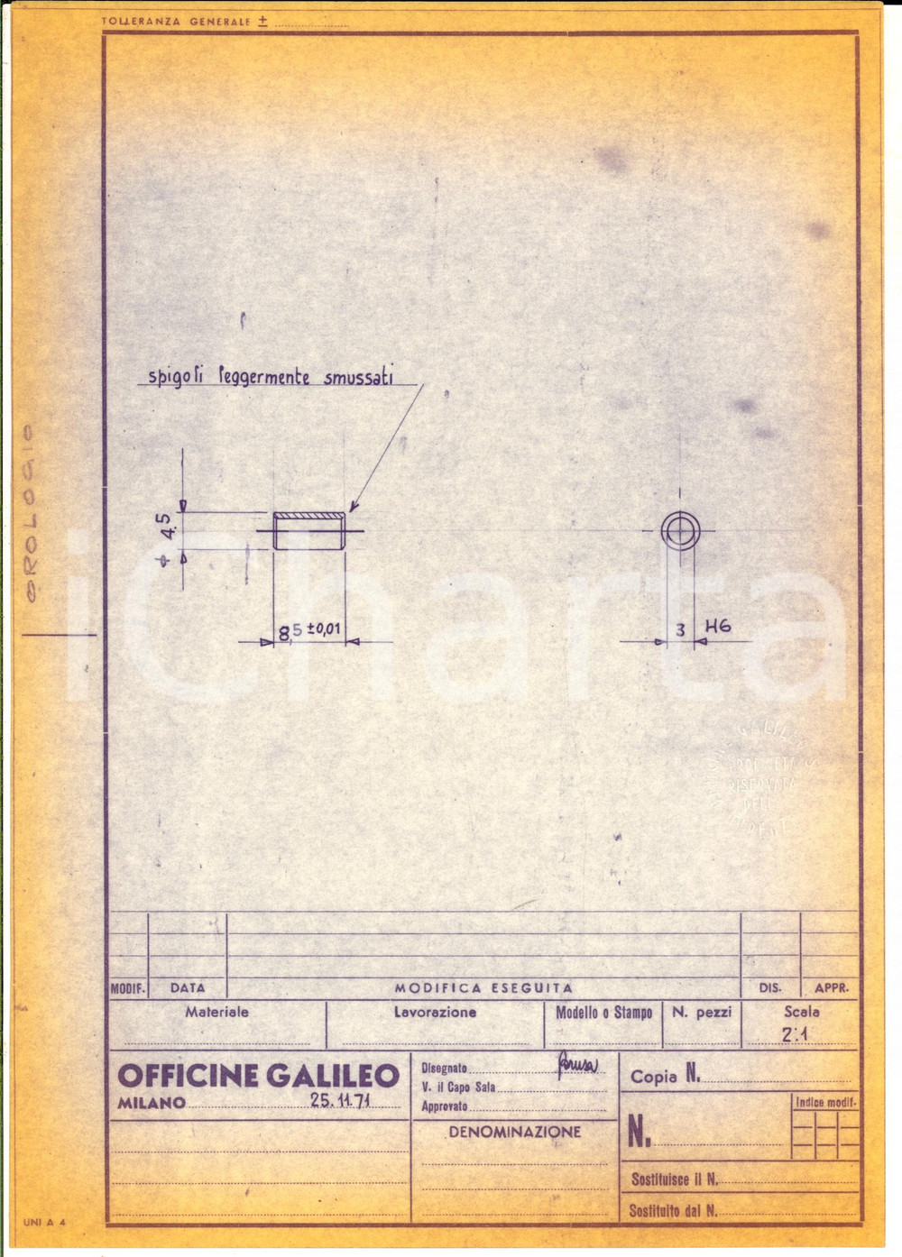 Materiale pubblicitario d’epoca 1971 OFFICINE GALILEO MILANO Schema per orologio  Materiale inox 21x30 3 1