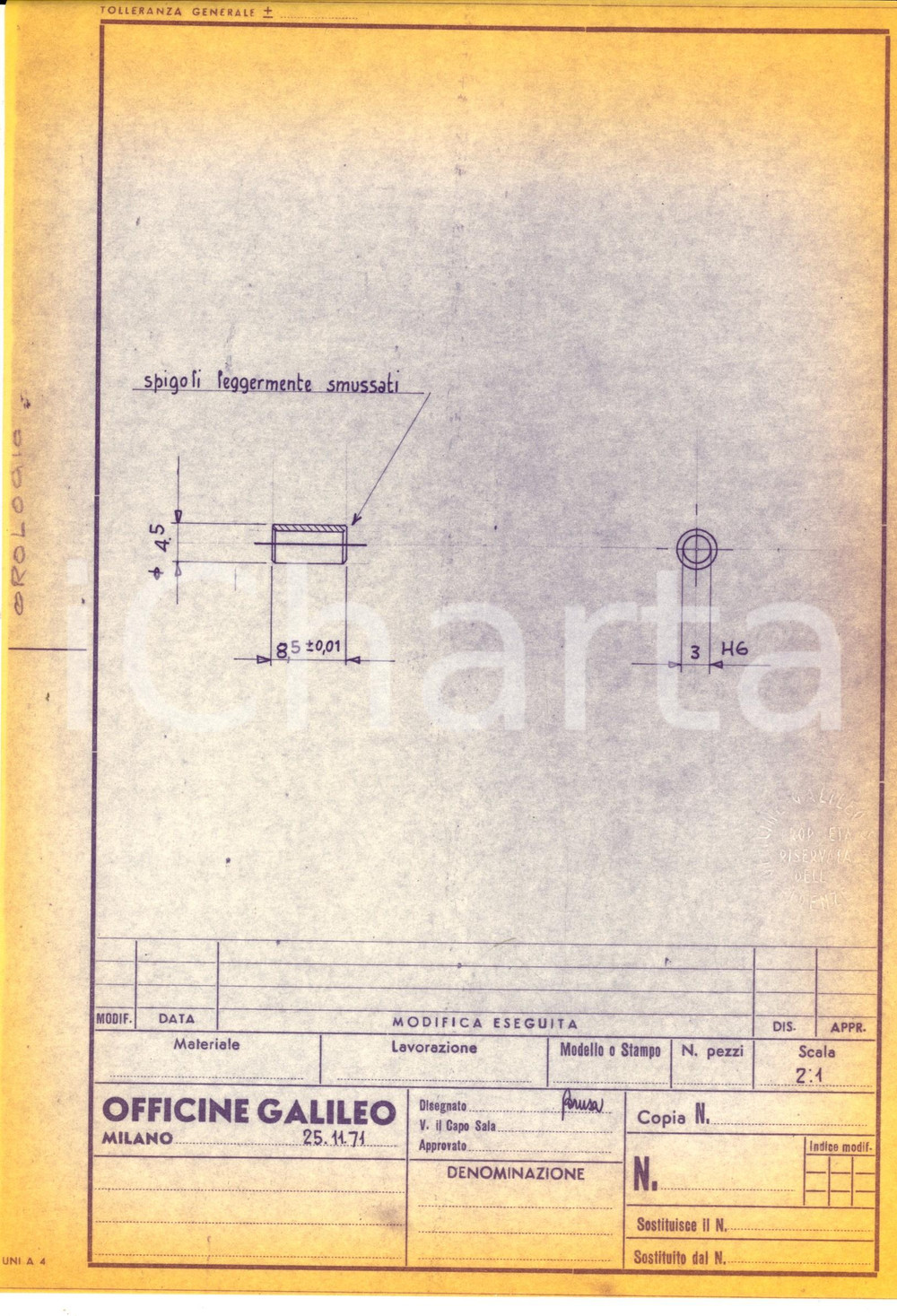 Materiale pubblicitario d’epoca 1971 OFFICINE GALILEO MILANO Schema per orologio  Materiale inox 21x30 4 1