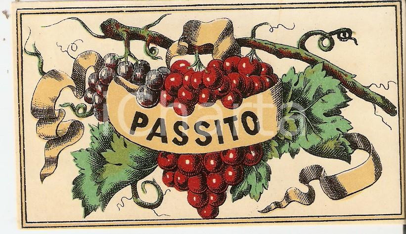 Materiale pubblicitario d’epoca 1950 ca Liquore PASSITO Etichetta pubblicitaria VINTAGE 10x6 cm 5 1