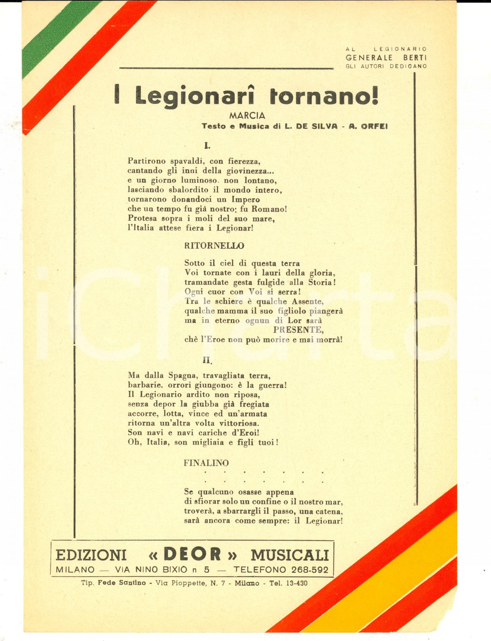 Oggetto da collezione cartaceo 1938 L. DE SILVA e A. ORFEI I Legionari tornano! marcia Volantino canzone 2 1
