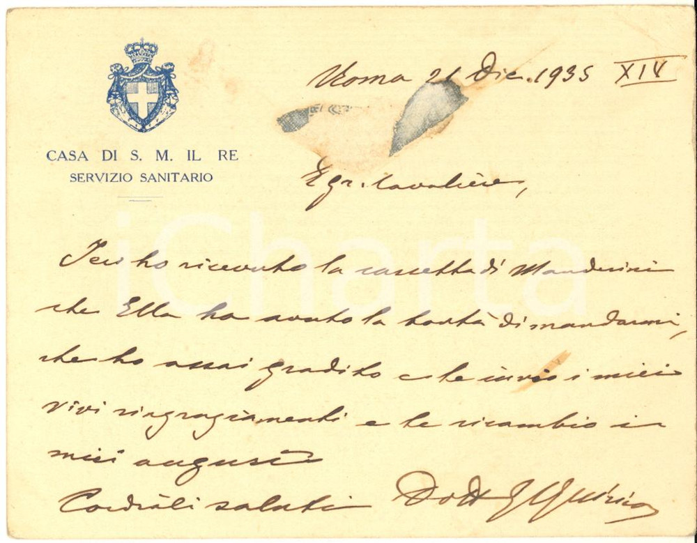 Autografo originale 1935 ROMA Biglietto dott. Giovanni QUIRICO  Casa S. M. il Re  AUTOGRAFO 1