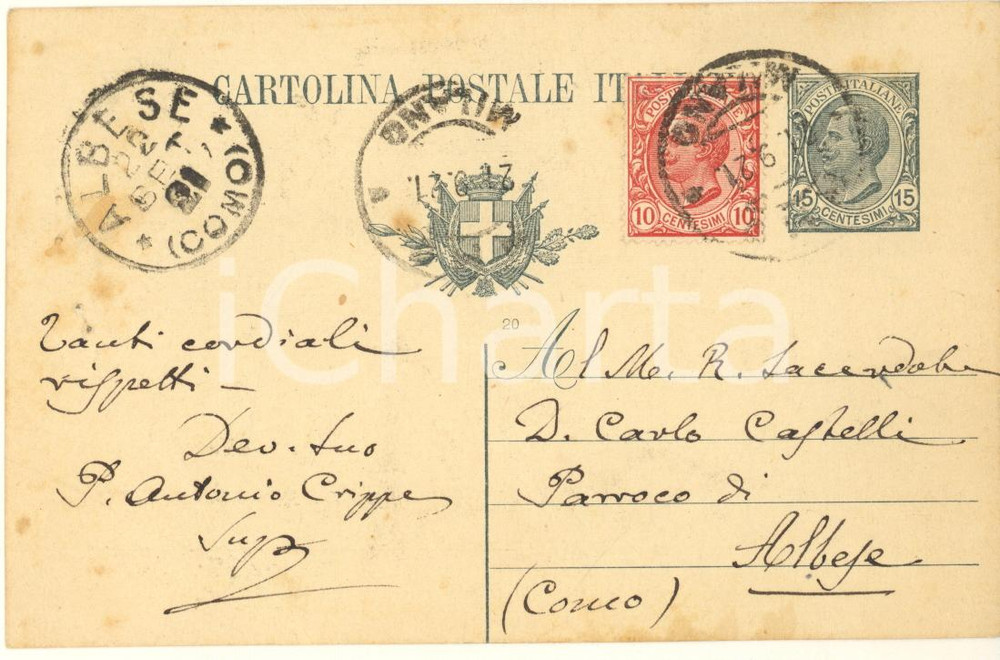 Autografo originale 1921 RHO MI Padre Antonio CRIPPA troppo impegnato dopo la guerra  AUTOGRAFO 1