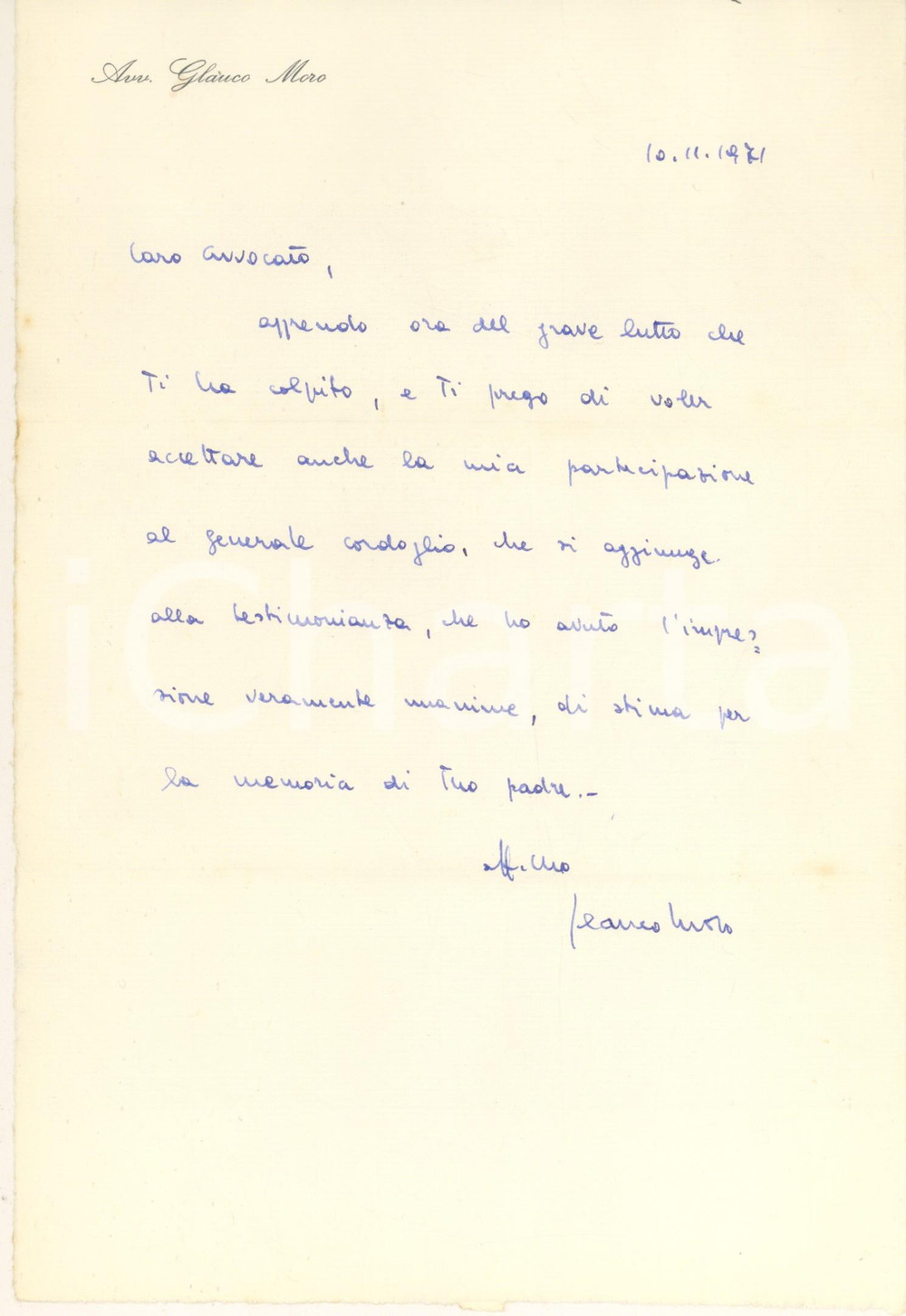 Autografo originale 1971 PORDENONE Lettera avv. Glauco MORO  Condoglianze  Autografo 1