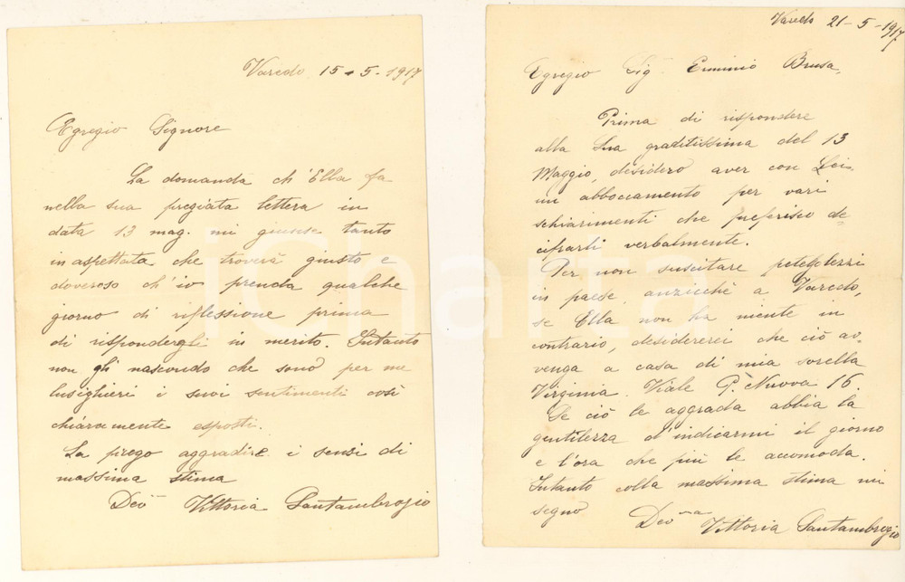 Manoscritto, lettera originale 1917 VAREDO Lotto 2 lettere Vittoria SANTAMBROGIO al pretendente Erminio BRUSA 1