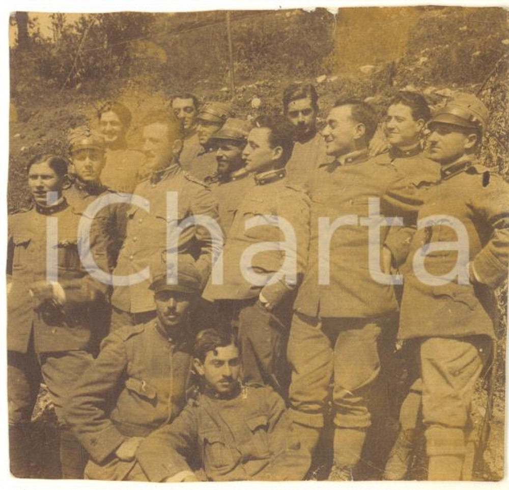 Fotografia d epoca originale 1918 WW1 MONFENERA Gruppo di ufficiali e soldati Foto 6x5 cm 1